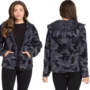 Barefoot Dreams Cozy Chic Knit Zip Up Camo Hooded Sweater Jacket Hoodie Medium